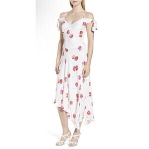 Lewit White Floral Carla Dress Tie Sleeve Asymmetrical Cold Shoulder Size 8 NEW